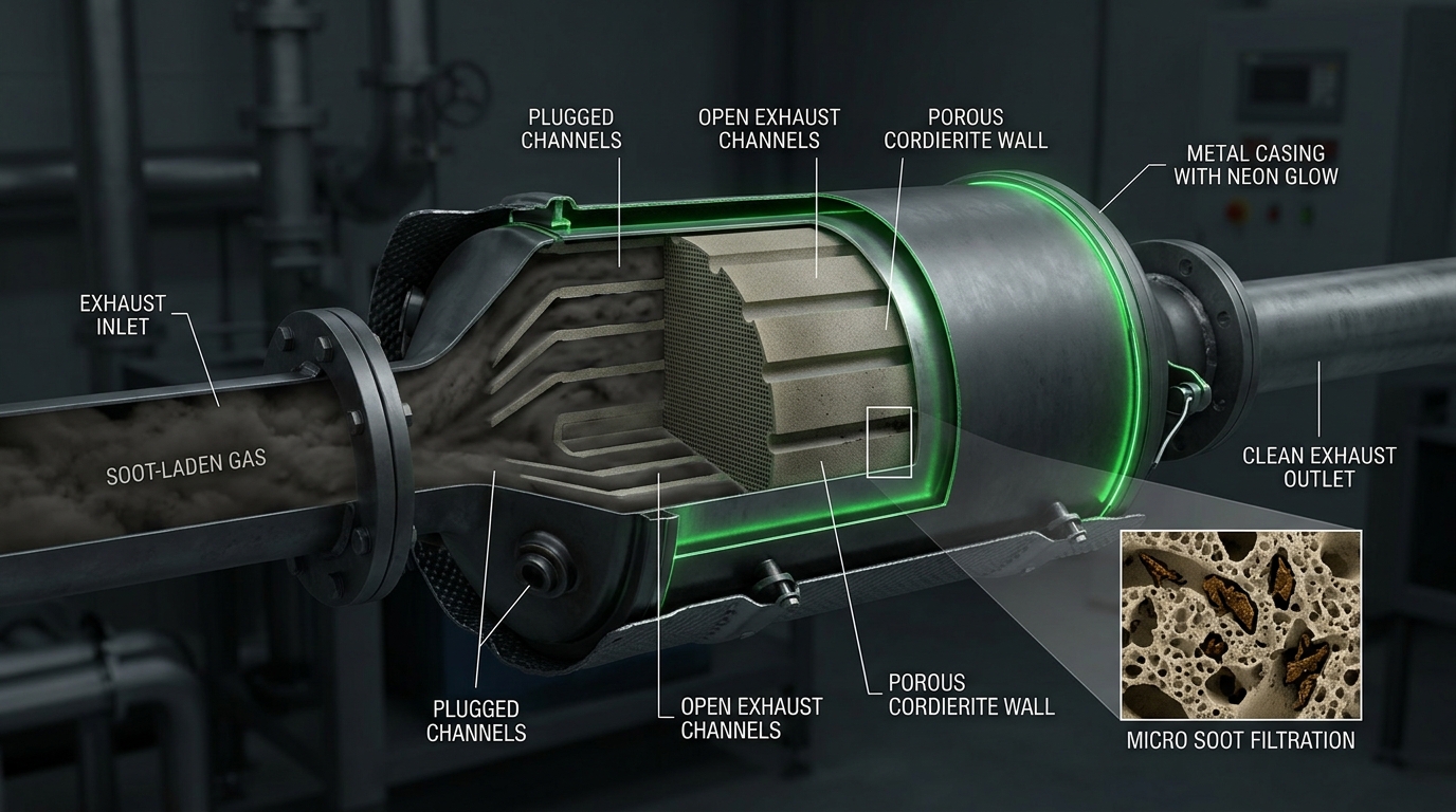 Cutaway diagram of a heavy-duty ceramic honeycomb diesel particulate filter showing soot filtration channels and porous cell walls