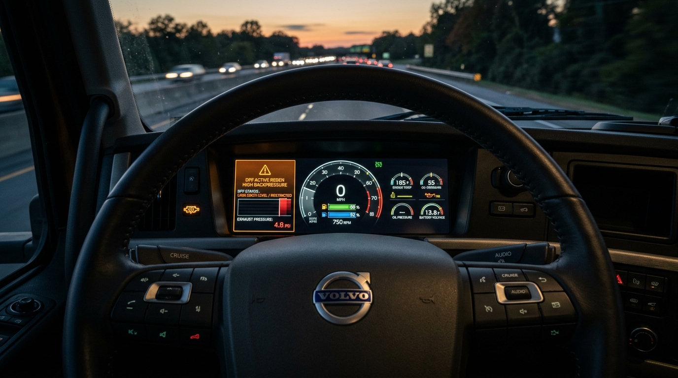 Heavy-duty commercial semi-truck driver dashboard displaying amber DPF alert lamp and engine diagnostics warning