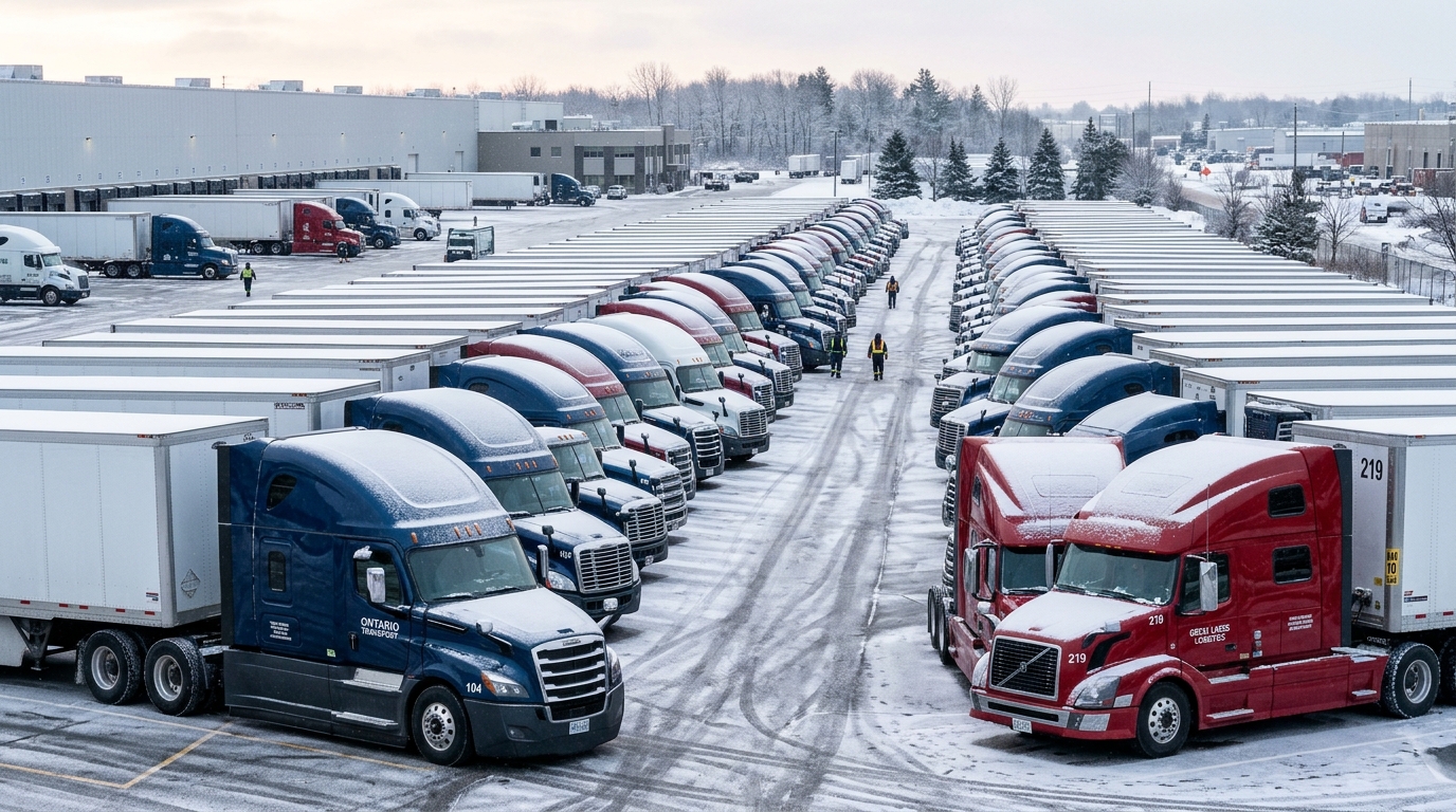 Commercial heavy-duty Class 8 transport truck fleet operating in winter highway conditions in Ontario, Canada