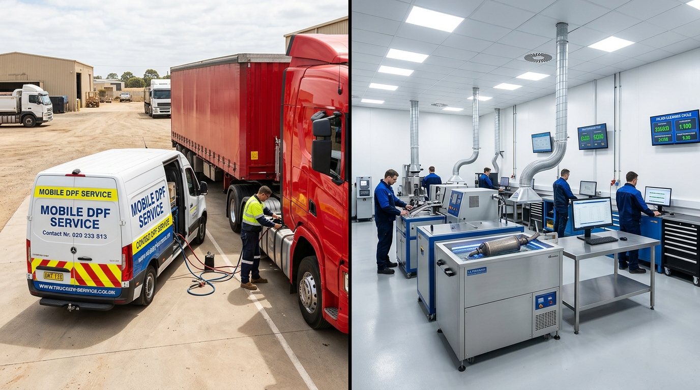 Side-by-side comparison of JTECH DPF mobile service vehicle dispatched at a commercial truck yard versus industrial ultrasonic workshop cleaning facility
