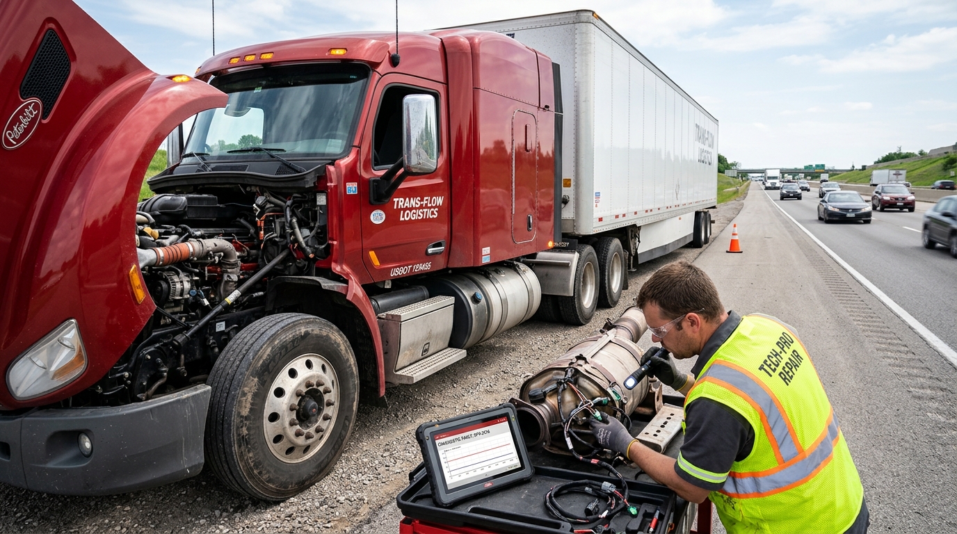 Commercial heavy-duty truck parked at service bay undergoing aftertreatment diagnostic scan and downtime cost analysis